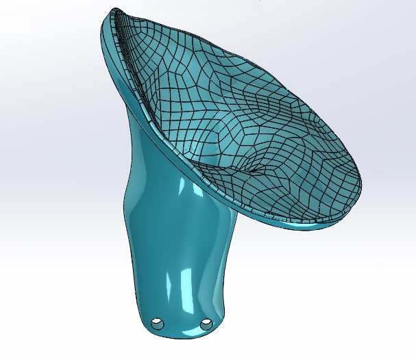 The picture is presenting custom made prosthesis for dog who lost his front leg. Specific design is created by gathering gypsum cast which is 3D scanned where reverse engineering is applied and end model is created with points for assembling the bottom part of prosthesis. 