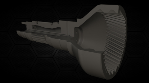 Optimized hollow shaft with both internal and external gear where bearings are lubricated through internal channel.